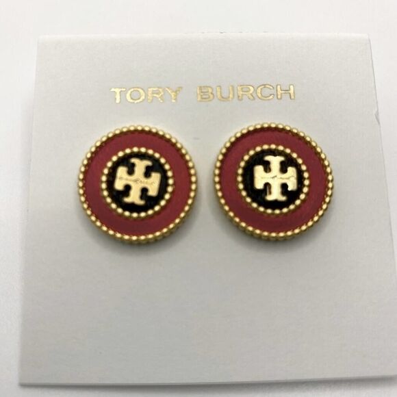 New Tory Burch Gold Logo, Black & Red Enamel Round Stud Earrings - Picture 6 of 7